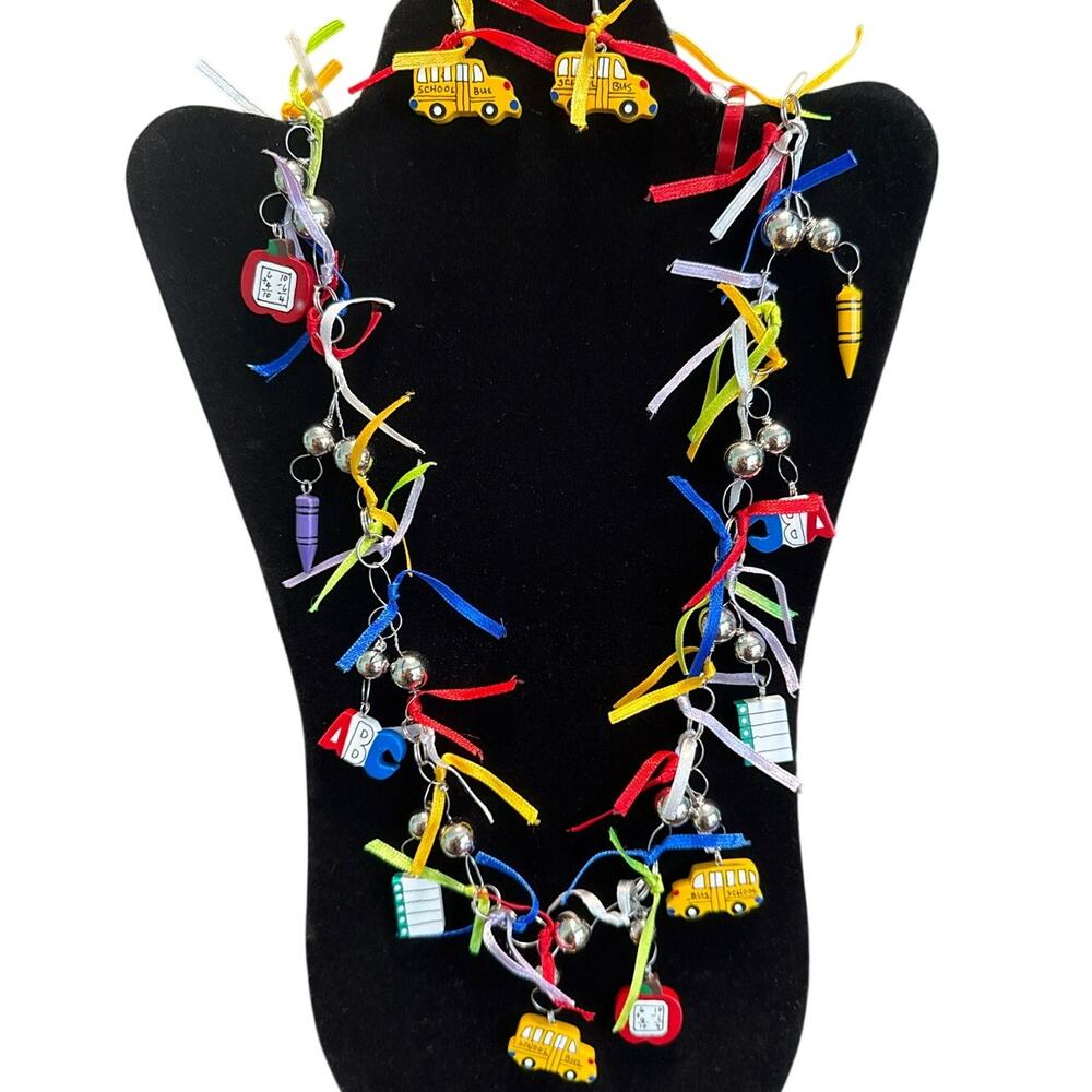 Handmade Teacher School Ribbon Necklace Earring Set